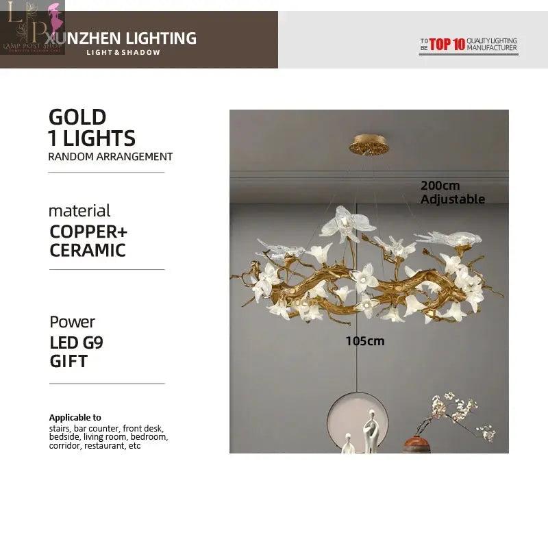 LED All Copper Light Luxury Restaurant Chandelier Creative Tea Room Swallow Chandelier Artistic Branch Shaped Living Room Light Lamp Post